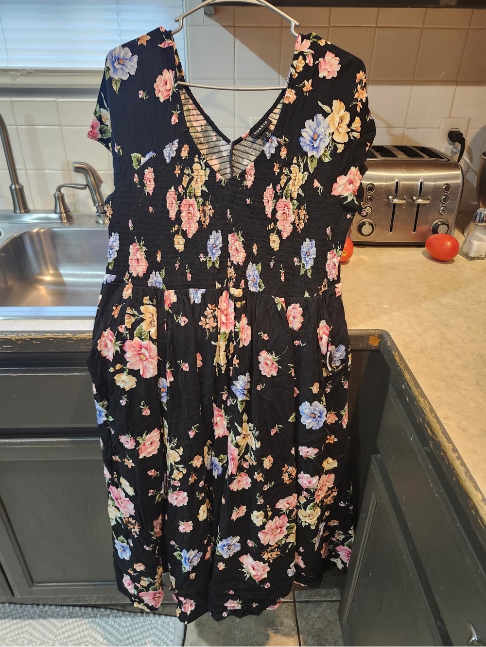 Black Floral Midi Dress with Pink & Blue Blooms